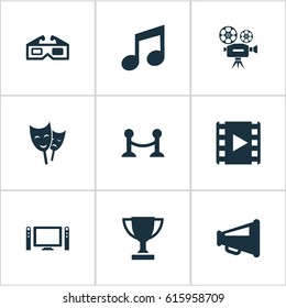 Vector Illustration Set Of Simple Cinema Icons. Elements Music Note, Rope Barrier, Trophy And Other Synonyms Theatre, Television And Rope.