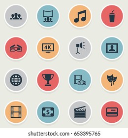 Vector Illustration Set Of Simple Cinema Icons. Elements Presenter, Negative, Virtual Reality And Other Synonyms Resolution, Negative And Spectators.