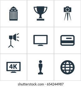 Vector Illustration Set Of Simple Cinema Icons. Elements Photographing, Oscar, Screen And Other Synonyms Member, Structure And Studio.