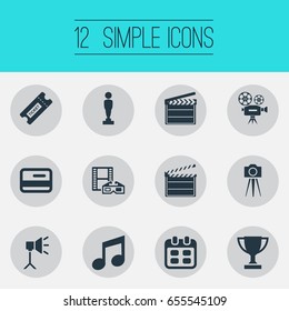 Vector Illustration Set Of Simple Cinema Icons. Elements Trophy, Date, Video Camera And Other Synonyms Action, Membership And Trophy.