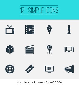 Vector Illustration Set Of Simple Cinema Icons. Elements Television, Reel, Home Cinema And Other Synonyms Director, Clapperboard And Reel.