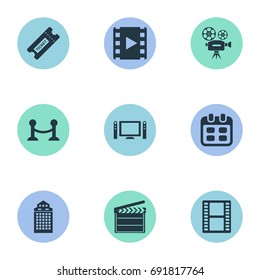 Vector Illustration Set Of Simple Cinema Icons. Elements Reel, Video Camera, Negative And Other Synonyms Ticket, Video And Filmstrip.