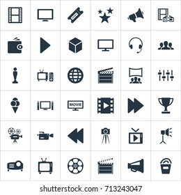 Vector Illustration Set Of Simple Cinema Icons. Elements Reel, Screen, Oscar And Other Synonyms Studio, Movie And Stabilizer.
