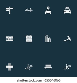 Vector Illustration Set Of Simple City Icons. Elements Location, Intersection, Passenger Transportation And Other Synonyms Passenger, Street And School.