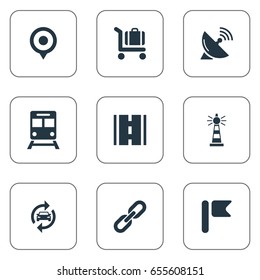 Vector Illustration Set Of Simple City Icons. Elements Banner, Radar, Beacon And Other Synonyms Pennant, Railway And Street.