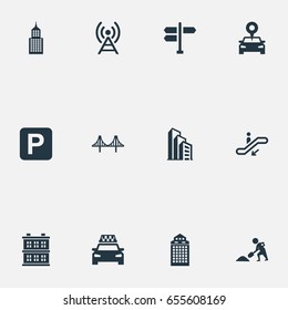 Vector Illustration Set Of Simple City Icons. Elements Car Park, Skyscraper, Signal Transmitter And Other Synonyms Connection, Direction And School.