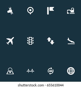 Vector Illustration Set Of Simple City Icons. Elements Auto Service, International, Opposite Arrows And Other Synonyms Arrows, Pin And Pennant.