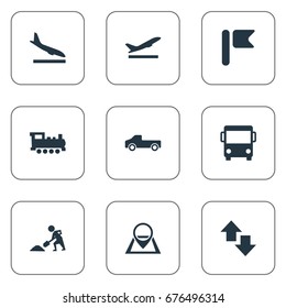 Vector Illustration Set Of Simple City Icons. Elements Retro Locomotive, Airport, City Bus And Other Synonyms Banner, Train And Flag.