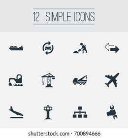 Vector Illustration Set Of Simple City Icons. Elements Lifting Equipment, Construction Crane, Reverse Directions And Other Synonyms Reconstruction, Digger And Airport.