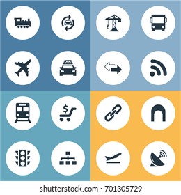 Vector Illustration Set Of Simple City Icons. Elements Construction Crane, Auto Service, Retro Locomotive And Other Synonyms Rail, Locomotive And Opposite.