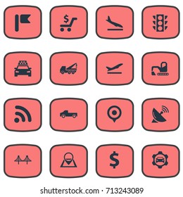 Vector Illustration Set Of Simple City Icons. Elements Wifi Area, Shopping, Car Workshop And Other Synonyms Excavator, Digger And Service.