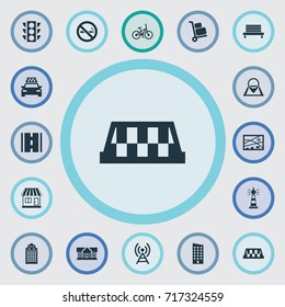 Vector Illustration Set Of Simple City Icons. Elements Way, Pin, Skyscraper And Other Synonyms Taxicab, No And Apartment.