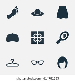 Vector Illustration Set Of Simple Clothes Icons. Elements Cap, Barefoot, Skirt And Other Synonyms Hat, Apparel And Cap.