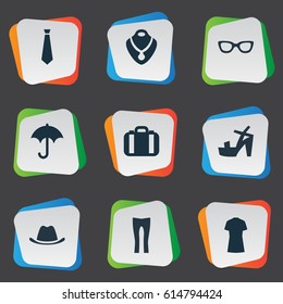 Vector Illustration Set Of Simple Clothes Icons. Elements Glasses, Cotton Fabric, Brolly And Other Synonyms Male, Tie And Cap.