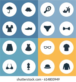 Vector Illustration Set Of Simple Clothes Icons. Elements Attire, Swewatshirt, T-Shirt And Other Synonyms Woman, Optic And Skirt.