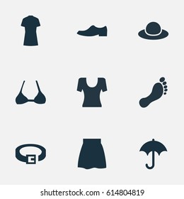 Vector Illustration Set Of Simple Clothes Icons. Elements Brolly, Skirt, Brasserie And Other Synonyms Woman, Umbrella And Fashion.