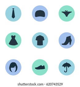 Vector Illustration Set Of Simple Clothes Icons. Elements Panties, Man Clothing, Brolly And Other Synonyms Hairdressing, Tie And Panties.