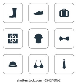 Vector Illustration Set Of Simple Clothes Icons. Elements Brasserie, Luggage, Formal Wear And Other Synonyms Tuxedo, Top And Present.