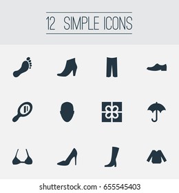 Vector Illustration Set Of Simple Clothes Icons. Elements Brolly, Winter Footwear, Brasserie And Other Synonyms Breeches, Make-Up And Apparel.