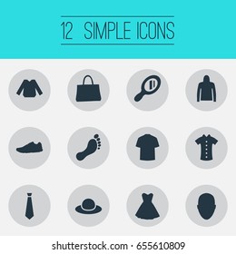 Vector Illustration Set Of Simple Clothes Icons. Elements Attire, Office Style, Sweatshirt And Other Synonyms Blouse, Sweatshirt And Barefoot.