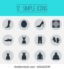 Vector Illustration Set Of Simple Clothes Icons. Elements Ski Hat, Attire, Winter Footwear And Other Synonyms Mittens, Hoodie And Hairdressing.