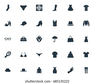 Vector Illustration Set Of Simple Clothes Icons. Elements Footwear, Cardigan, Glasses And Other Synonyms Parasol, Woman And Headpiece.