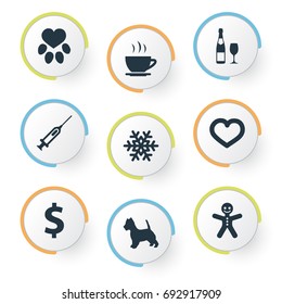 Vector Illustration Set Of Simple Colony Icons. Elements Hot Drink, Puppy, Love And Other Synonyms Dollar, Pet And Footprint.