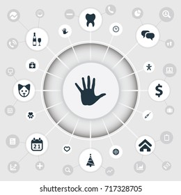 Vector Illustration Set Of Simple Colony Icons. Elements Fir, Alcohol, Footprint And Other Synonyms Date, Conversation And Volunteer.