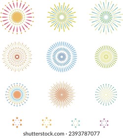 Conjunto de ilustraciones vectoriales de fuegos artificiales simples y coloridos. (fondo blanco)