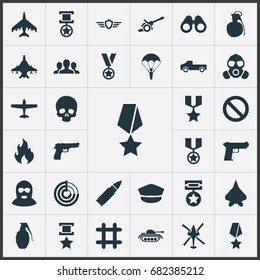 Vector Illustration Set Of Simple Combat Icons. Elements Terrorist, Tank, Forbidden And Other Synonyms Landing, Plane And Sharpshooter.