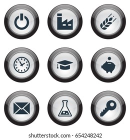 Vector Illustration Set Of Simple Commerce Icons. Elements Switch Button, Clock, Piggy And Other Synonyms Power, Key And Timer.