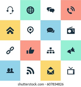 Vector Illustration Set Of Simple Communication Icons. Elements Pin, Thumb, Link And Other Synonyms Office, Vote And Partnership.