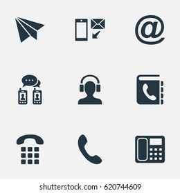 Vector Illustration Set Of Simple Communication Icons. Elements Earpiece, Telephone Directory, House Phone And Other Synonyms Earphone, Talking And Mail.
