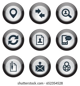 Vector Illustration Set Of Simple Communication Icons. Elements Education, Left Right Arrows, Postal And Other Synonyms Pin, Paper And Sheet.