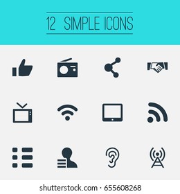 Vector Illustration Set Of Simple Communication Icons. Elements Listen, Wireless Access, Digital Pad And Other Synonyms Like, Resume And Ear.