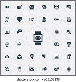 Vector Illustration Set Of Simple Communication Icons. Elements Look For, Sent, Postal Box And Other Synonyms Open, Update And Hot.