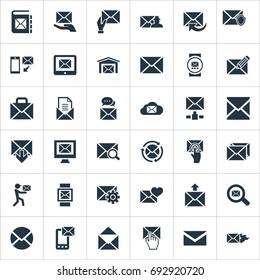 Vector Illustration Set Of Simple Communication Icons. Elements Burn, Notepad, Entering And Other Synonyms Post, Postal And Mailing.