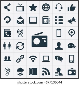 Vector Illustration Set Of Simple Communication Icons. Elements Palmtop, Thumb, Wave And Other Synonyms User, Conference And Dialog.