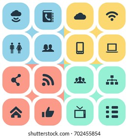 Vector Illustration Set Of Simple Communication Icons. Elements Cellphone, Telly, Partnership And Other Synonyms Vote, Computer And Television.