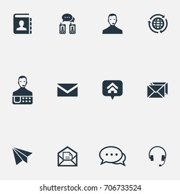 Vector Illustration Set Of Simple Communication Icons. Elements Online Support, Aircraft, Chat And Other Synonyms Directory, Home And Agent.