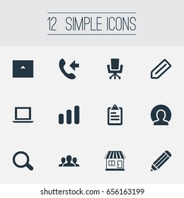 Vector Illustration Set Of Simple Company Icons. Elements Report, Connection, Team And Other Synonyms Store, Scrutiny And Report.