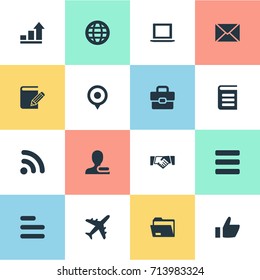 Vector Illustration Set Of Simple Company Icons. Elements User, Letter, Worldwide And Other Synonyms Location, Contract And Notes.