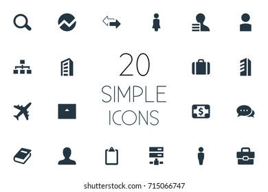 Vector Illustration Set Of Simple Company Icons. Elements Aircraft, Network, Woman And Other Synonyms Graph, Search And Personal.