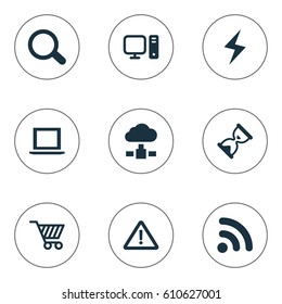 Vector Illustration Set Of Simple Computer Icons. Elements Computer, Laptop, Magnifier And Other Synonyms Cart, Sandglass And Loading.