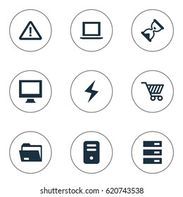 Vector Illustration Set Of Simple Computer Icons. Elements System Unit, Monitor, Data Center And Other Synonyms Hourglass, Unit And Warning.