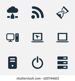Vector Illustration Set Of Simple Computer Icons. Elements Data Center, Laptop, Memory And Other Synonyms Data, Wave And Hardware.