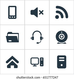 Vector Illustration Set Of Simple Computer Icons. Elements Silence, Headphone, Home And Other Synonyms Mute, Communication And Web.