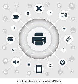 Vector Illustration Set Of Simple Computer Icons. Elements Telephone, Smartphone, Folder And Other Synonyms Sandglass, Web And Cogwheel.