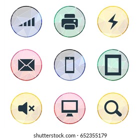 Vector Illustration Set Of Simple Computer Icons. Elements Palmtop, Signal, Magnifier And Other Synonyms Monitor, Still And Envelope.