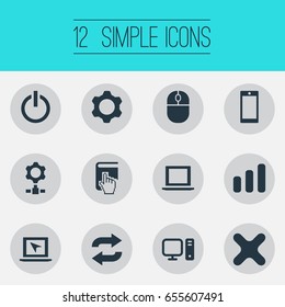 Vector Illustration Set Of Simple Computer Icons. Elements Cogwheel, Connection, Switch Button And Other Synonyms Choose, Delete And Button.